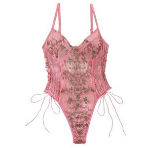Lilosy Women Sexy Lace Up Floral Embroidered Teddy Lingerie Bodysuit Mesh Sheer